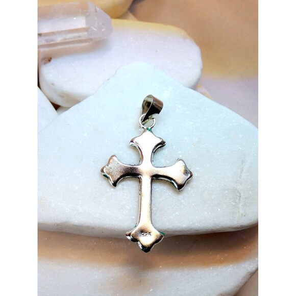 VTG Sterling Silver 925 Green Rhinestone Cross Pendant Light Weight - Picture 7 of 7